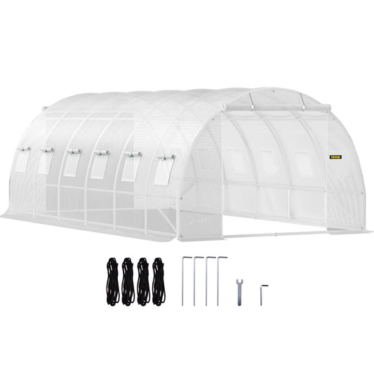 Walk-in Tunnel Greenhouse, 20 x 10 x 7 ft. Portable Plant Hot House with Galvanized Steel Frames, 3 Top Beams, 4 Diagonal Posts, 2 Zippered Doors and 12 Roller Windows, White