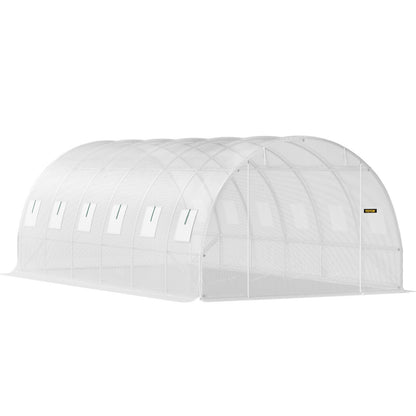 Walk-in Tunnel Växthus, 20 x 10 x 7 fot Portable Plant Hot House med galvaniserade stålbågar, 3 övre balkar, 4 diagonala stolpar, 2 dragkedjeförsedda dörrar och 12 rullfönster, vit
