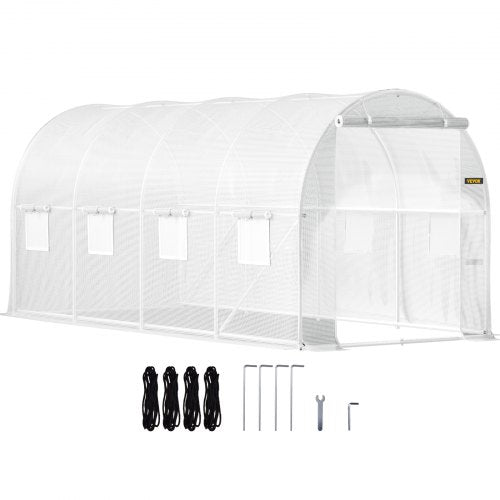 15 x 6.5 x 7 ft Walk-in Tunnel Greenhouse, Portable Plant Hot House with Galvanized Steel Hoops, 1 Top Beam, Diagonal Poles, Zippered Door & 8 Roll-up Windows, White