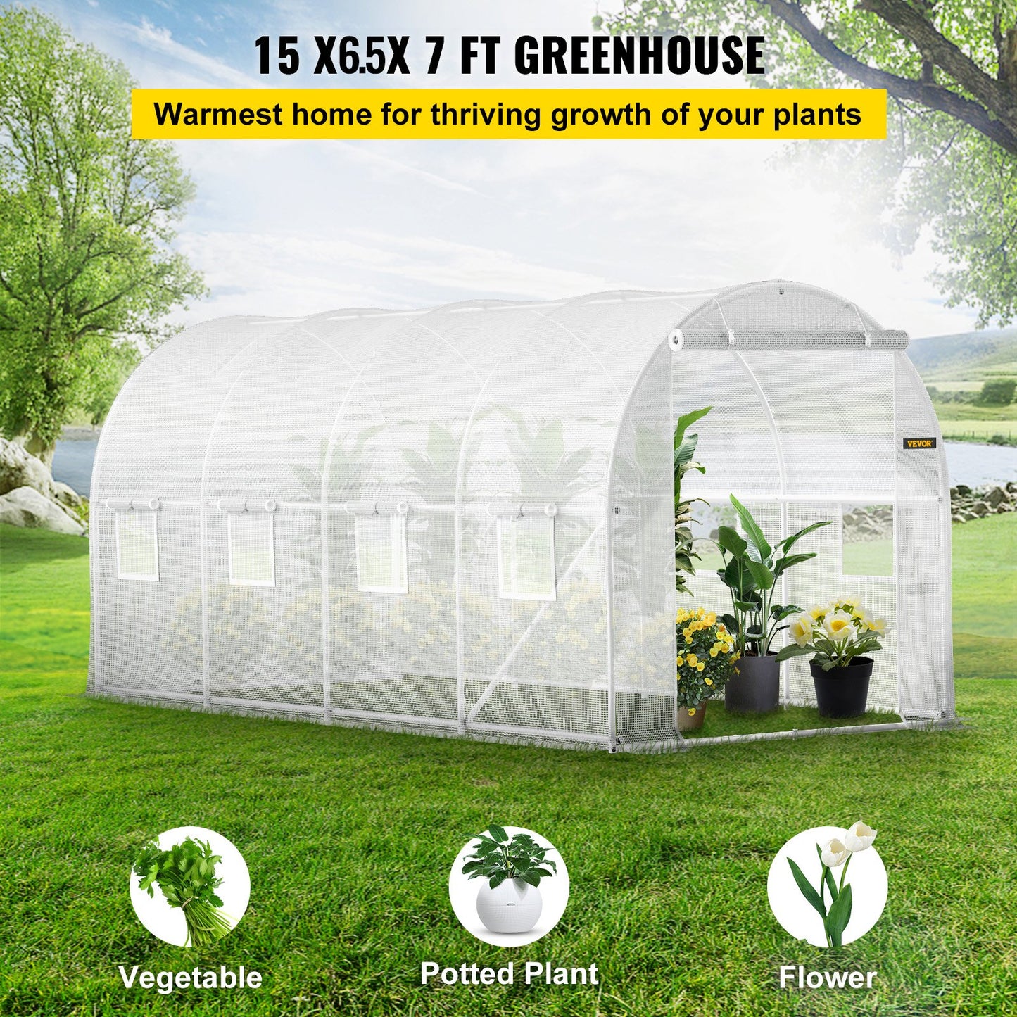 Walk-in Tunnel Greenhouse, 15 x 6.5 x 7 ft Portable Plant Hot House with Galvanized Steel Frames, 1 Top Beam, 2 x Diagonal Posts, 2 Zippered Doors and 8 Roller Windows, White