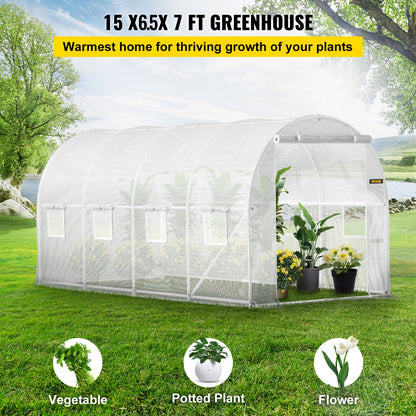 Walk-in Tunnel Greenhouse, 15 x 6.5 x 7 ft Portable Plant Hot House with Galvanized Steel Frames, 1 Top Beam, 2 x Diagonal Posts, 2 Zippered Doors and 8 Roller Windows, White