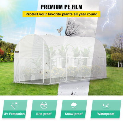 Walk-in Tunnel Greenhouse, 15 x 6.5 x 7 ft Portable Plant Hot House with Galvanized Steel Frames, 1 Top Beam, 2 x Diagonal Posts, 2 Zippered Doors and 8 Roller Windows, White