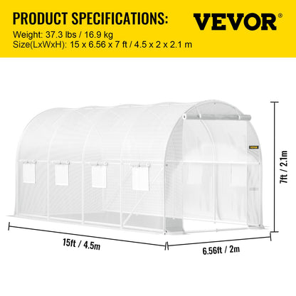 Walk-in Tunnel Greenhouse, 15 x 6.5 x 7 ft Portable Plant Hot House with Galvanized Steel Frames, 1 Top Beam, 2 x Diagonal Posts, 2 Zippered Doors and 8 Roller Windows, White