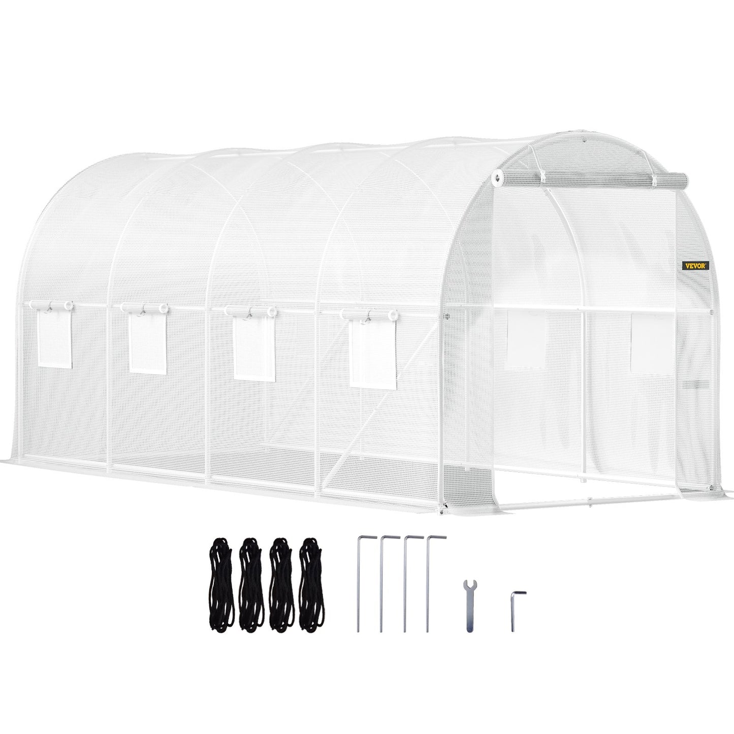 Walk-in Tunnel Greenhouse, 15 x 6.5 x 7 ft Portable Plant Hot House with Galvanized Steel Frames, 1 Top Beam, 2 x Diagonal Posts, 2 Zippered Doors and 8 Roller Windows, White