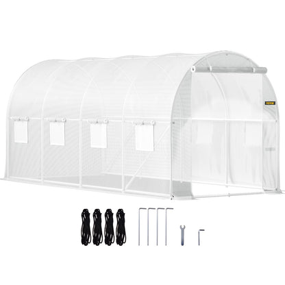 Walk-in Tunnel Greenhouse, 15 x 6.5 x 7 ft Portable Plant Hot House with Galvanized Steel Frames, 1 Top Beam, 2 x Diagonal Posts, 2 Zippered Doors and 8 Roller Windows, White