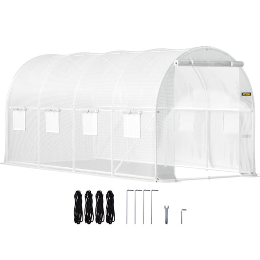 Walk-in Tunnel Greenhouse, 15 x 6.5 x 7 ft Portable Plant Hot House with Galvanized Steel Frames, 1 Top Beam, 2 x Diagonal Posts, 2 Zippered Doors and 8 Roller Windows, White