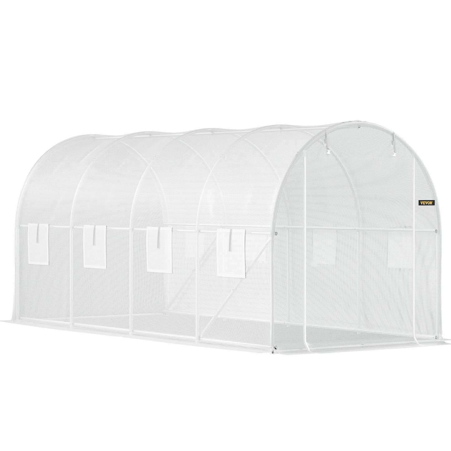 Walk-in Tunnel Greenhouse, 15 x 6.5 x 7 ft Portable Plant Hot House with Galvanized Steel Frames, 1 Top Beam, 2 x Diagonal Posts, 2 Zippered Doors and 8 Roller Windows, White