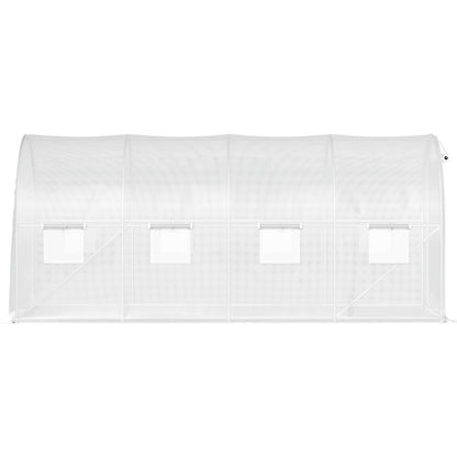 Walk-in Tunnel Greenhouse, 15 x 6.5 x 7 ft Portable Plant Hot House with Galvanized Steel Frames, 1 Top Beam, 2 x Diagonal Posts, 2 Zippered Doors and 8 Roller Windows, White
