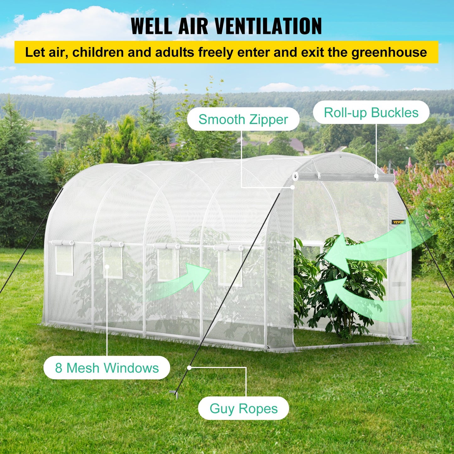 15 x 6.5 x 7 ft Walk-in Tunnel Greenhouse, Portable Plant Hot House with Galvanized Steel Hoops, 1 Top Beam, Diagonal Poles, Zippered Door & 8 Roll-up Windows, White