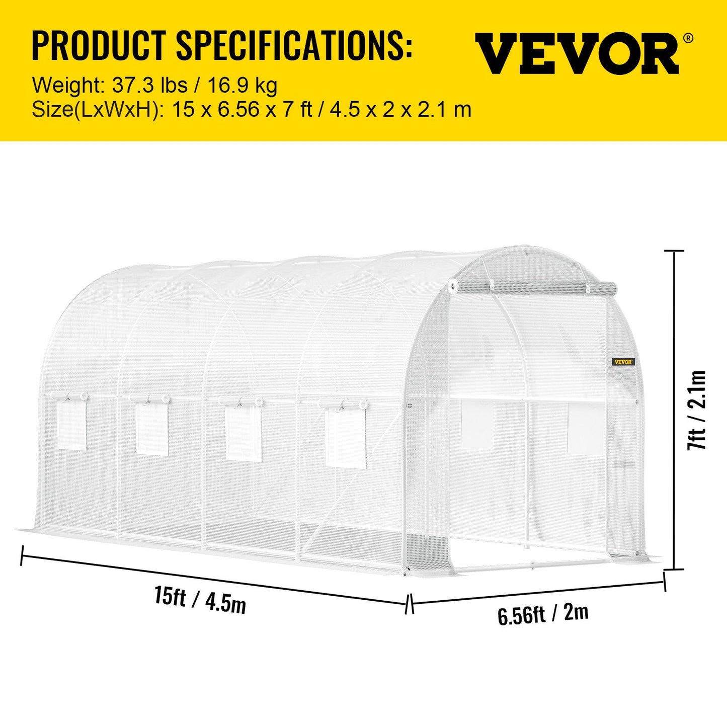15 x 6.5 x 7 ft Walk-in Tunnel Greenhouse, Portable Plant Hot House with Galvanized Steel Hoops, 1 Top Beam, Diagonal Poles, Zippered Door & 8 Roll-up Windows, White