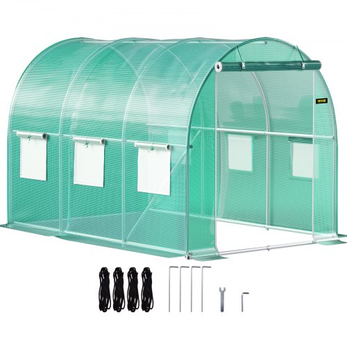 Walk-in Tunnel Greenhouse, 9.8 x 6.6 x 6.6 ft Portable Plant Hot House with Galvanized Steel Hoops, 1 Top Beam, Diagonal Poles, Zippered Door & 6 Roll-up Windows, Green