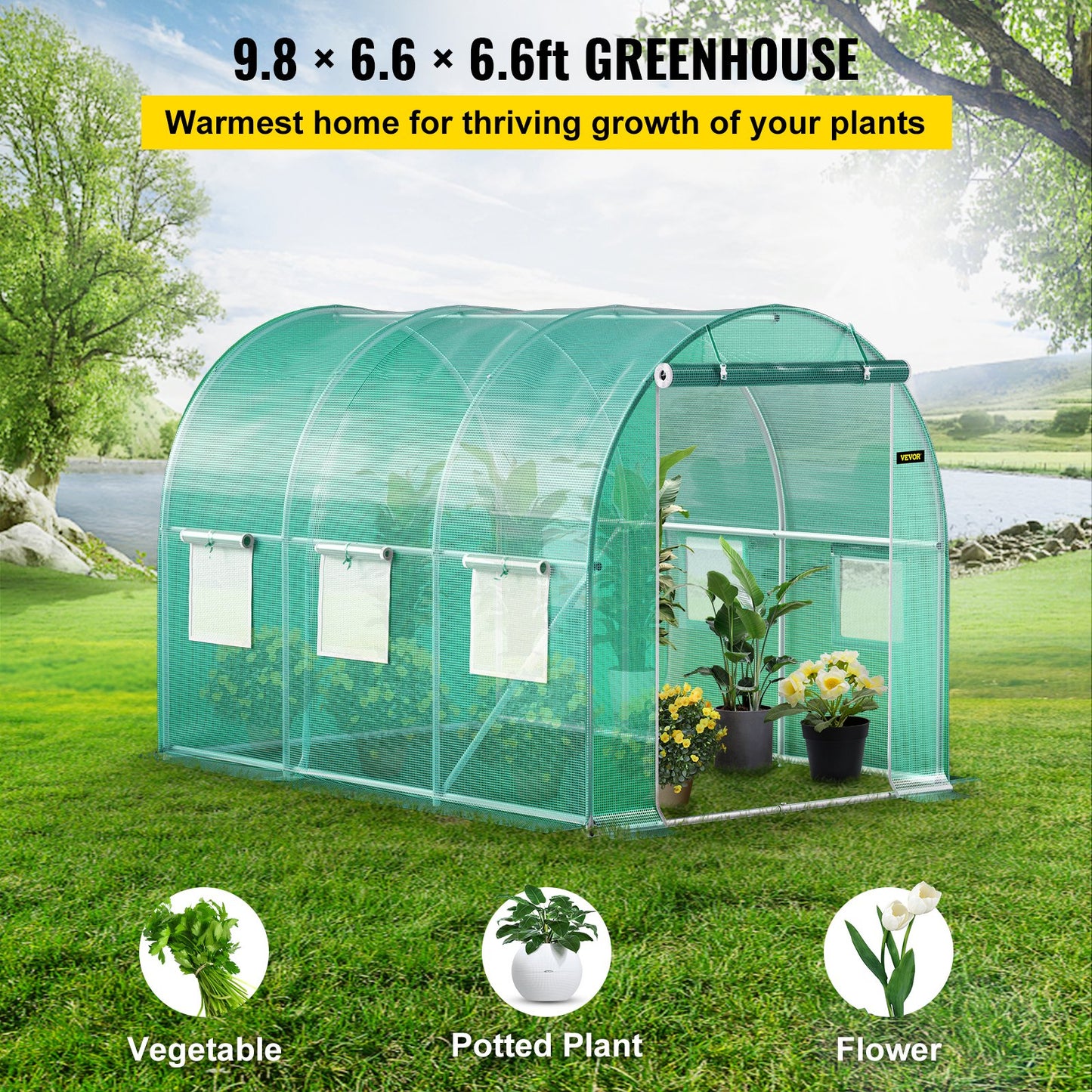 Walk-in Tunnel Greenhouse, 10 x 7 x 7 ft Portable Plant Hot House with Galvanized Steel Frames, 1 Top Beam, Diagonal Posts, Zippered Door and 6 Roll-Up Windows, Green