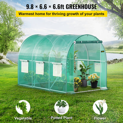 Walk-in Tunnel Greenhouse, 10 x 7 x 7 ft Portable Plant Hot House with Galvanized Steel Frames, 1 Top Beam, Diagonal Posts, Zippered Door and 6 Roll-Up Windows, Green