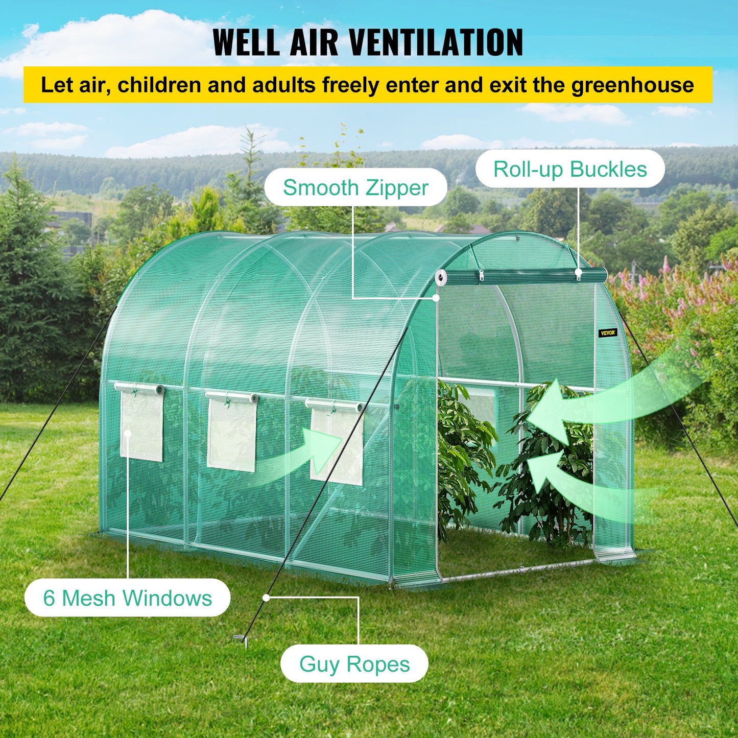Walk-in Tunnel Greenhouse, 10 x 7 x 7 ft Portable Plant Hot House with Galvanized Steel Frames, 1 Top Beam, Diagonal Posts, Zippered Door and 6 Roll-Up Windows, Green