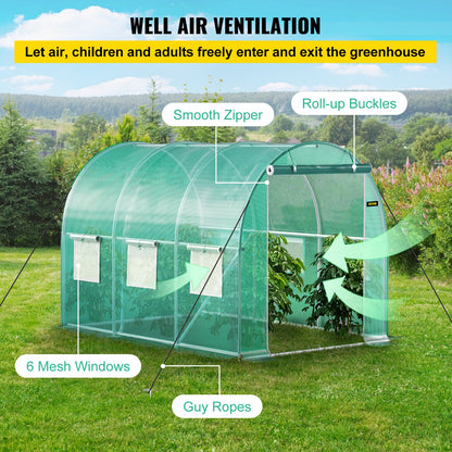 Walk-in Tunnel Greenhouse, 10 x 7 x 7 ft Portable Plant Hot House with Galvanized Steel Frames, 1 Top Beam, Diagonal Posts, Zippered Door and 6 Roll-Up Windows, Green