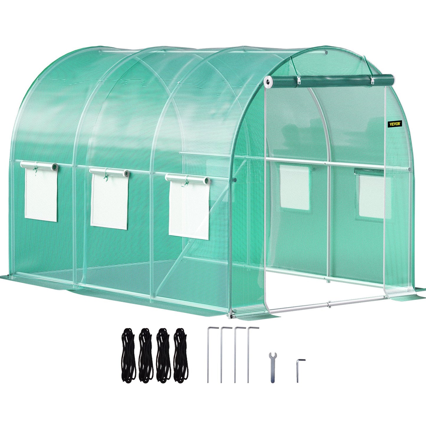 Walk-in Tunnel Greenhouse, 10 x 7 x 7 ft Portable Plant Hot House with Galvanized Steel Frames, 1 Top Beam, Diagonal Posts, Zippered Door and 6 Roll-Up Windows, Green