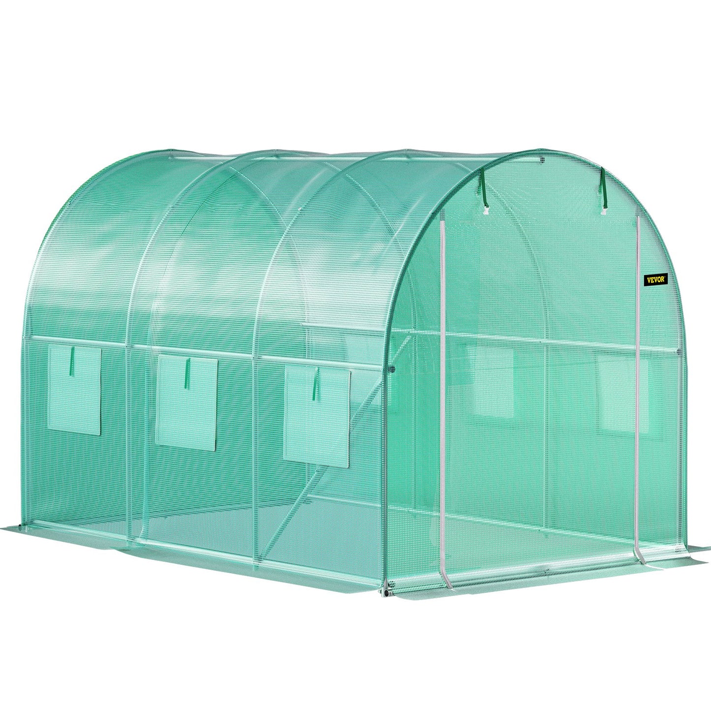 Walk-in Tunnel Greenhouse, 10 x 7 x 7 ft Portable Plant Hot House with Galvanized Steel Frames, 1 Top Beam, Diagonal Posts, Zippered Door and 6 Roll-Up Windows, Green