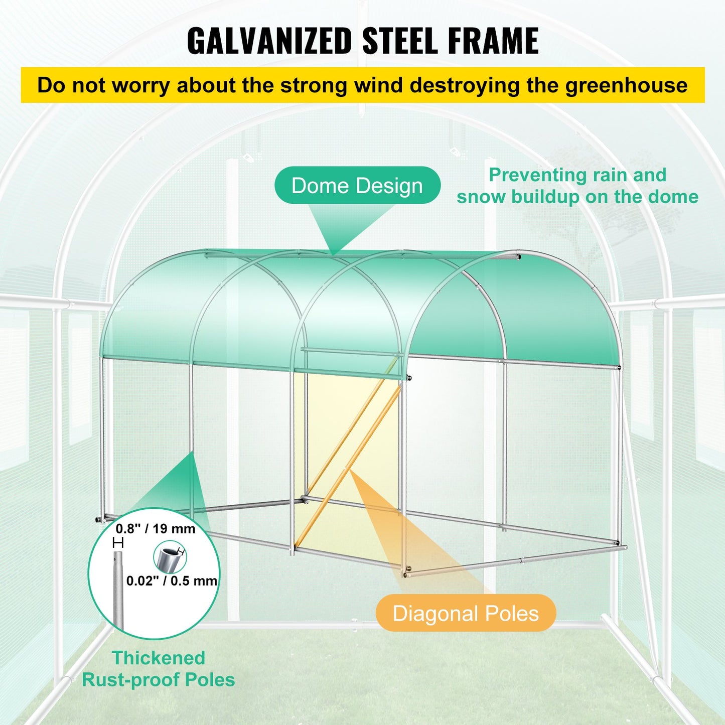 Walk-in Tunnel Greenhouse, 9.8 x 6.6 x 6.6 ft Portable Plant Hot House with Galvanized Steel Hoops, 1 Top Beam, Diagonal Poles, Zippered Door & 6 Roll-up Windows, Green