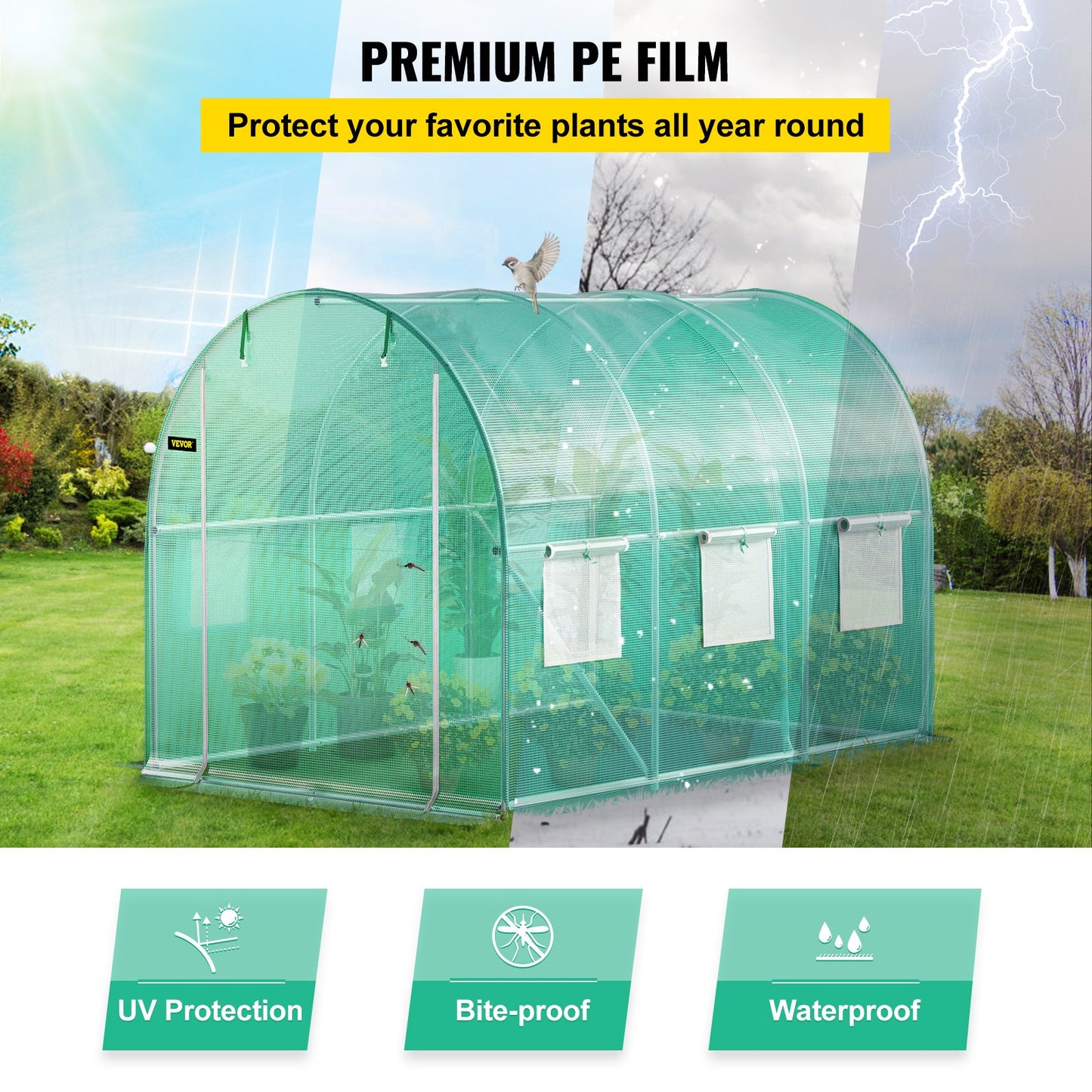 Walk-in Tunnel Greenhouse, 9.8 x 6.6 x 6.6 ft Portable Plant Hot House with Galvanized Steel Hoops, 1 Top Beam, Diagonal Poles, Zippered Door & 6 Roll-up Windows, Green