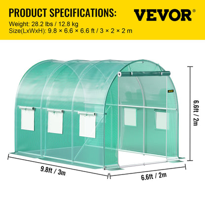 Walk-in Tunnel Greenhouse, 9.8 x 6.6 x 6.6 ft Portable Plant Hot House with Galvanized Steel Hoops, 1 Top Beam, Diagonal Poles, Zippered Door & 6 Roll-up Windows, Green