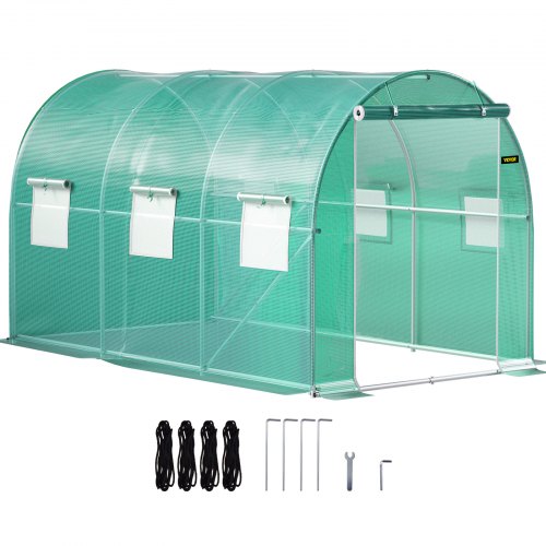 12 x 7 x 7 ft Walk-in Tunnel Greenhouse, Portable Plant Hot House with Galvanized Steel Hoops, 1 Top Beams, 2 Diagonal Poles, 1 Zippered Door & 6 Roll-up Windows, Green