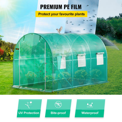 12 x 7 x 7 ft Walk-in Tunnel Greenhouse, Portable Plant Hot House with Galvanized Steel Hoops, 1 Top Beams, 2 Diagonal Poles, 1 Zippered Door & 6 Roll-up Windows, Green