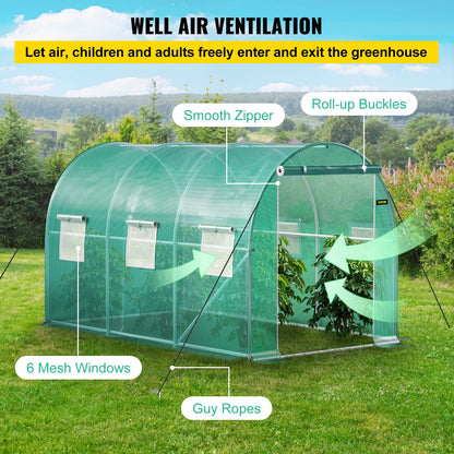 12 x 7 x 7 ft Walk-in Tunnel Greenhouse, Portable Plant Hot House with Galvanized Steel Hoops, 1 Top Beams, 2 Diagonal Poles, 1 Zippered Door & 6 Roll-up Windows, Green