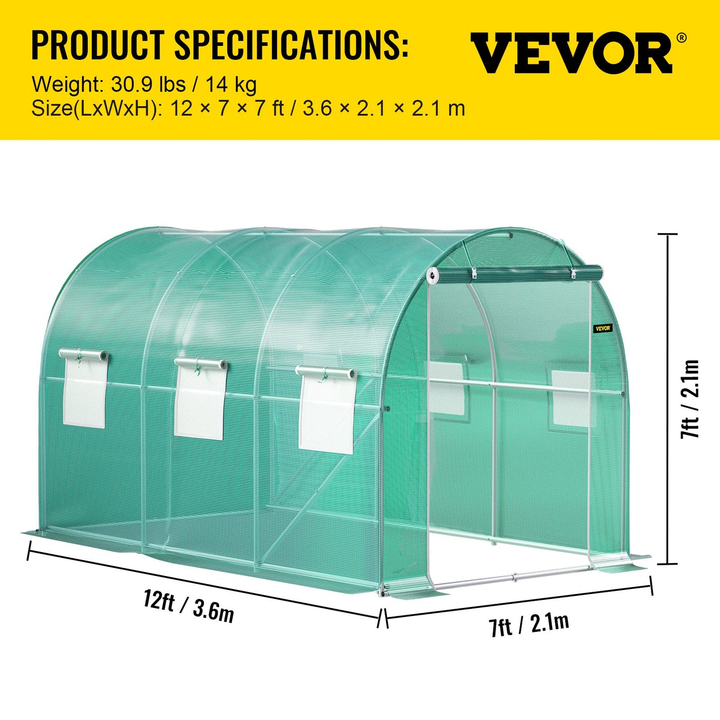12 x 7 x 7 ft Walk-in Tunnel Greenhouse, Portable Plant Hot House with Galvanized Steel Hoops, 1 Top Beams, 2 Diagonal Poles, 1 Zippered Door & 6 Roll-up Windows, Green