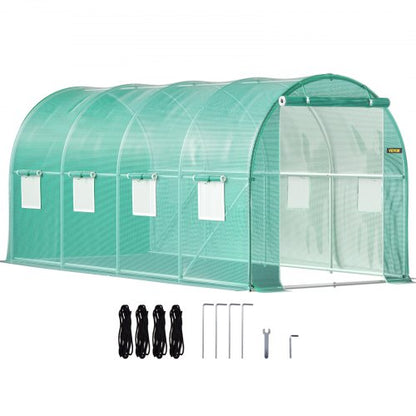 Walk-in Tunnel Greenhouse, 15 x 7 x 7 ft Portable Plant Hot House with Galvanized Steel Hoops, 1 Top Beam, Diagonal Poles, Zippered Door & 8 Roll-up Windows, Green