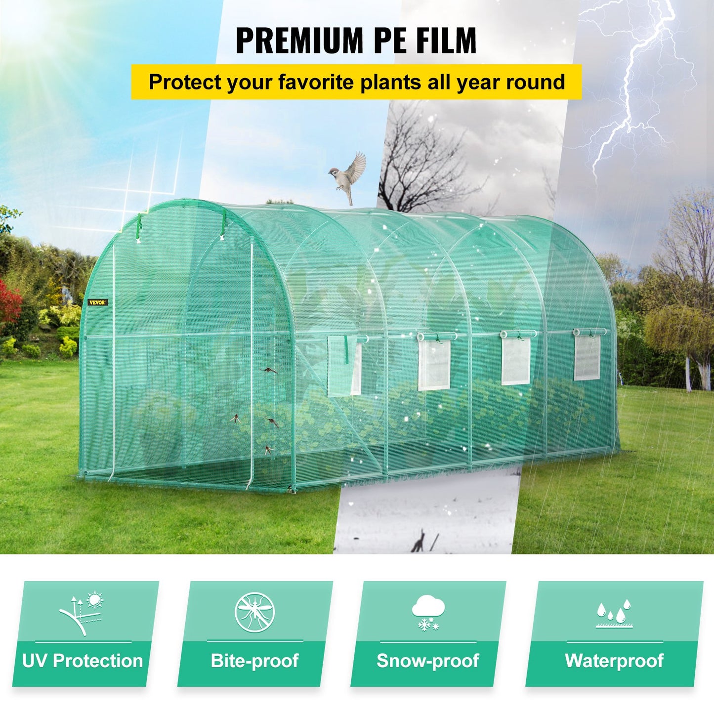 Walk-in Tunnel Greenhouse, 15 x 7 x 7 ft Portable Plant Hot House with Galvanized Steel Hoops, 1 Top Beam, Diagonal Poles, Zippered Door & 8 Roll-up Windows, Green