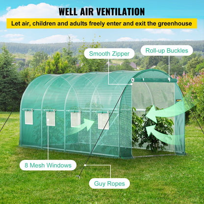 Walk-in Tunnel Greenhouse, 15 x 7 x 7 ft Portable Plant Hot House with Galvanized Steel Hoops, 1 Top Beam, Diagonal Poles, Zippered Door & 8 Roll-up Windows, Green