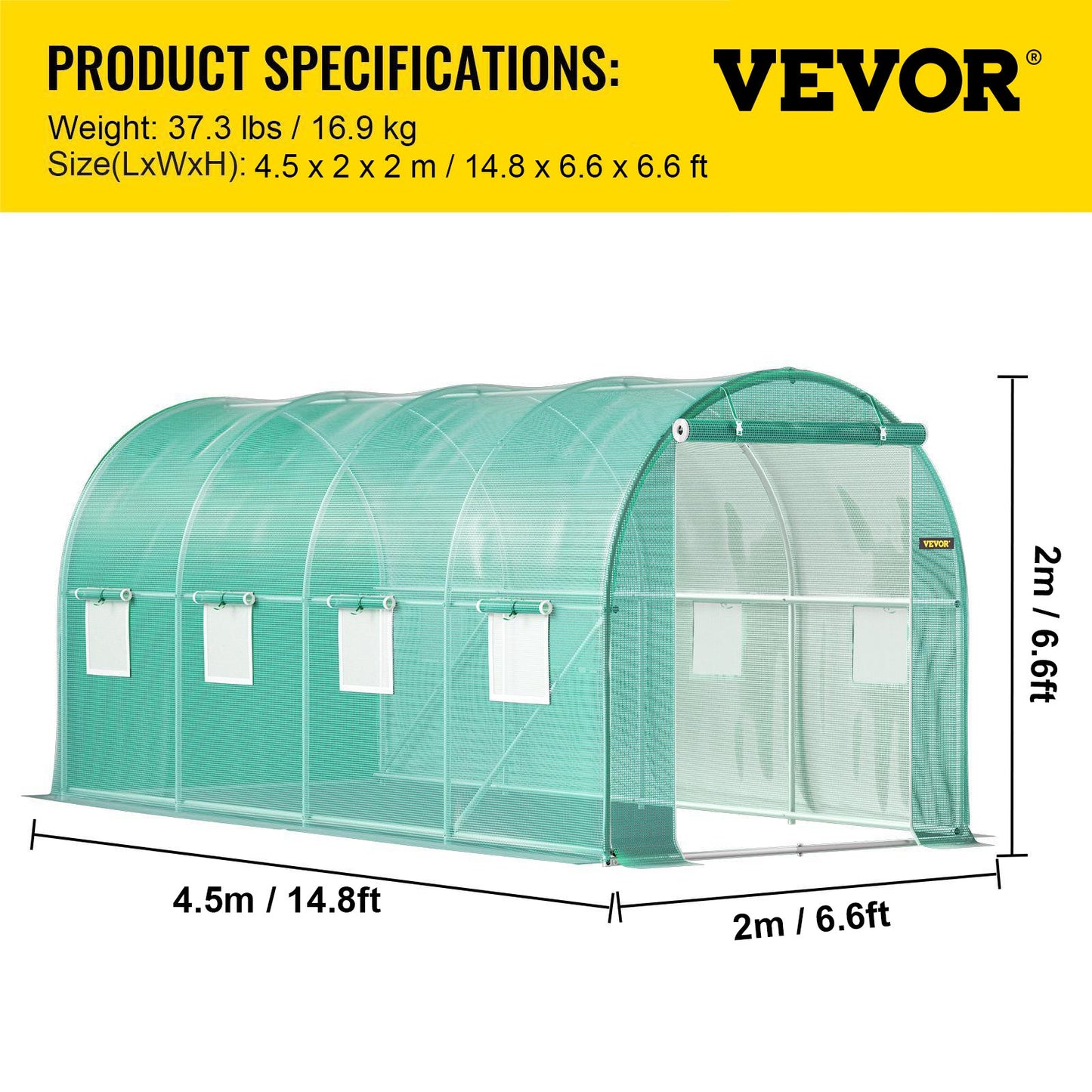 Walk-in Tunnel Greenhouse, 15 x 7 x 7 ft Portable Plant Hot House with Galvanized Steel Hoops, 1 Top Beam, Diagonal Poles, Zippered Door & 8 Roll-up Windows, Green