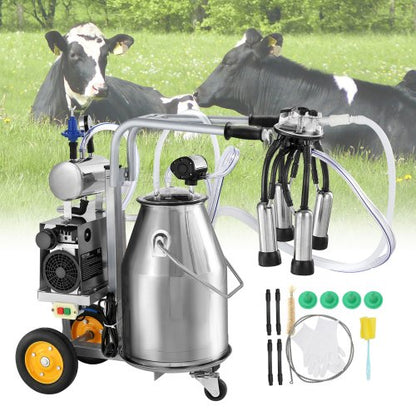 Electric Cow Milking Machine, 6.6 Gal / 25 L 304 Stainless Steel Bucket, Automatic Pulsation Vacuum Milker, Portable Milker with Food-grade Silicone Cups and Tubes, Adjustable Pressure