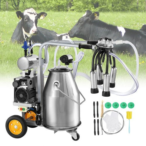Electric Cow Milking Machine, 6.6 Gal / 25 L 304 Stainless Steel Bucket, Automatic Pulsation Vacuum Milker, Portable Milker with Food-grade Silicone Cups and Tubes, Adjustable Pressure