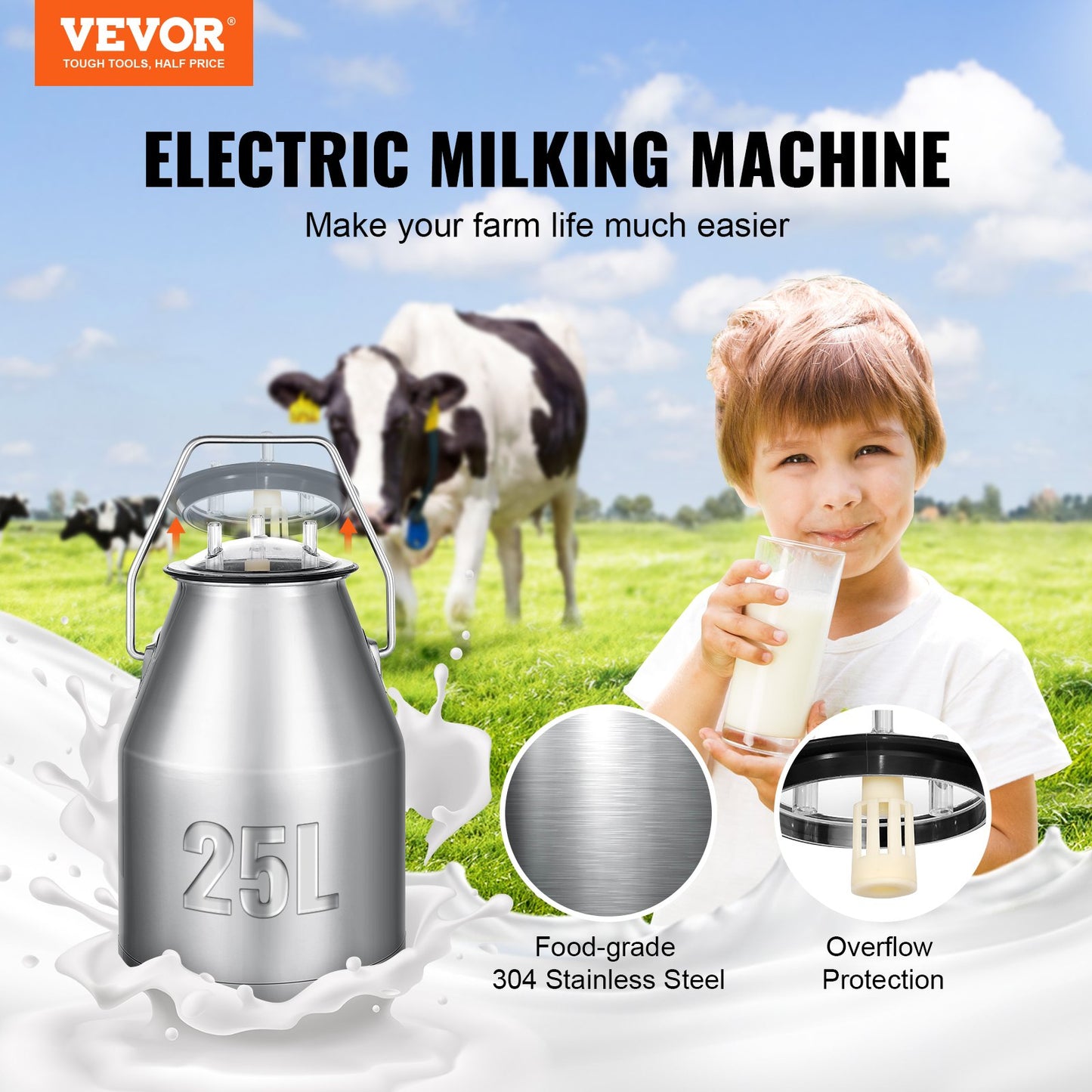 Electric Cow Milking Machine Milking Equipment 25L 304 Stainless Steel
