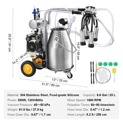 Electric Cow Milking Machine Milking Equipment 25L 304 Stainless Steel