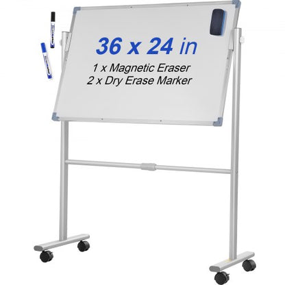 Mobile Magnetic Whiteboard, 36 x 24 Inch, Double Sided, 360 Degree Reversible Rolling Dry Erase Board, Height Adjustable with Aluminum Frame and Lockable Swivel Wheels, for Office School Home