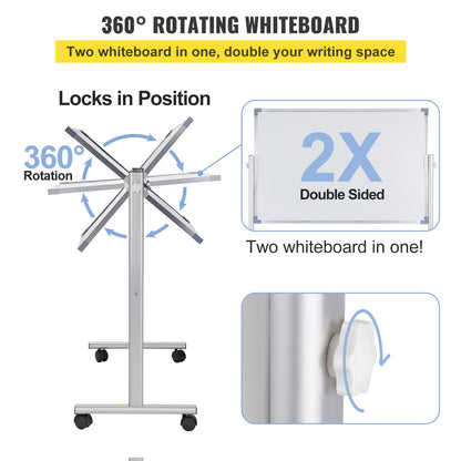 Mobile Magnetic Whiteboard, 36 x 24 Inch, Double Sided, 360 Degree Reversible Rolling Dry Erase Board, Height Adjustable with Aluminum Frame and Lockable Swivel Wheels, for Office School Home