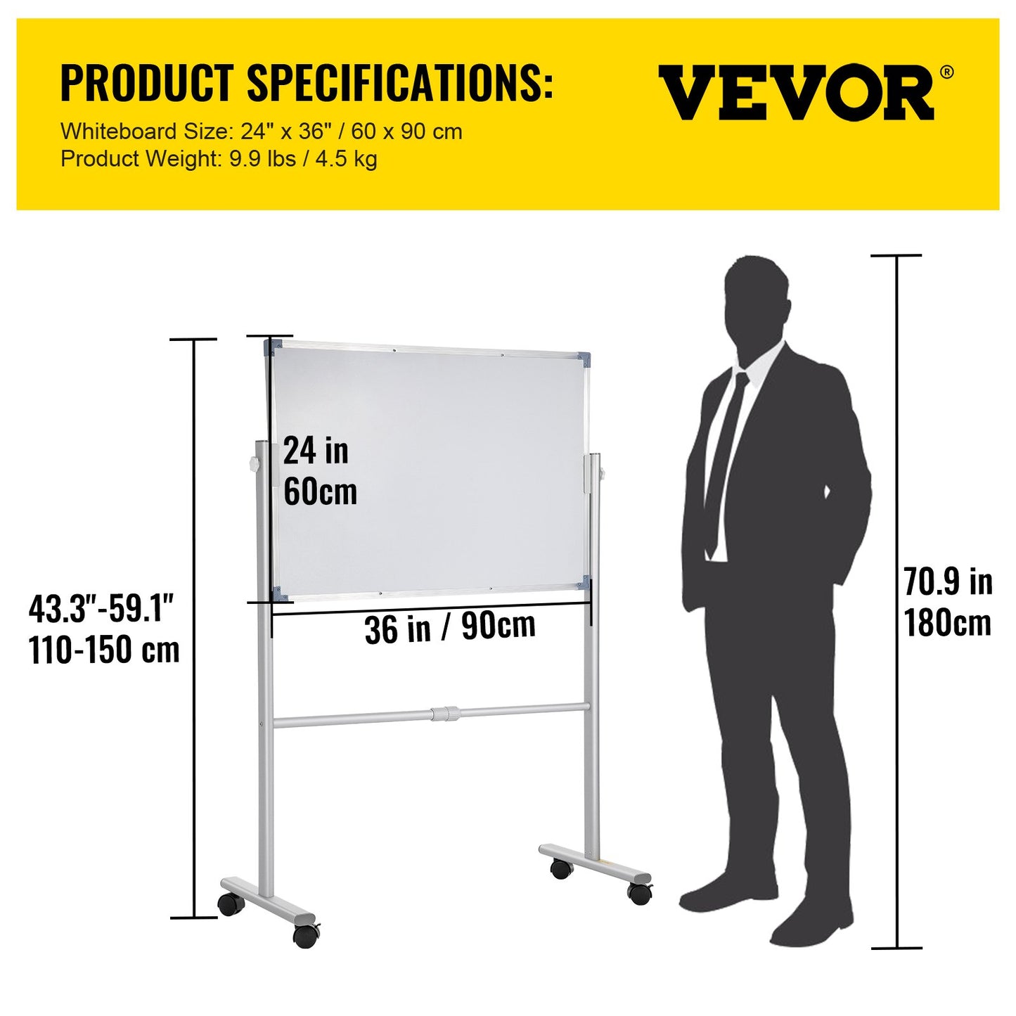 Mobile Magnetic Whiteboard, 36 x 24 Inch, Double Sided, 360 Degree Reversible Rolling Dry Erase Board, Height Adjustable with Aluminum Frame and Lockable Swivel Wheels, for Office School Home