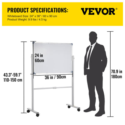 Mobile Magnetic Whiteboard, 36 x 24 Inch, Double Sided, 360 Degree Reversible Rolling Dry Erase Board, Height Adjustable with Aluminum Frame and Lockable Swivel Wheels, for Office School Home