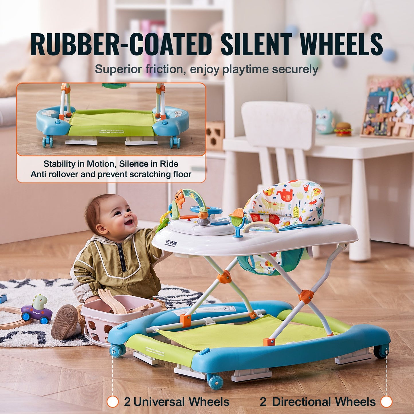 4-in-1 Baby Walker, Foldable Baby Activity Center on Wheels, 3 Adjustable Height, Music & Toys Tray, Learning-Seated | Walk-Behind | Rocker | Bouncer Toddler Walker for Girls Boys 6-24 Months