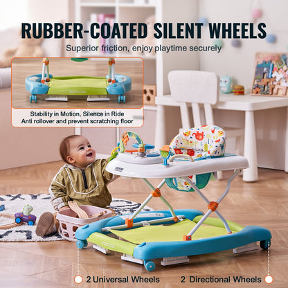 4-in-1 Baby Walker, Foldable Baby Activity Center on Wheels, 3 Adjustable Height, Music & Toys Tray, Learning-Seated | Walk-Behind | Rocker | Bouncer Toddler Walker for Girls Boys 6-24 Months