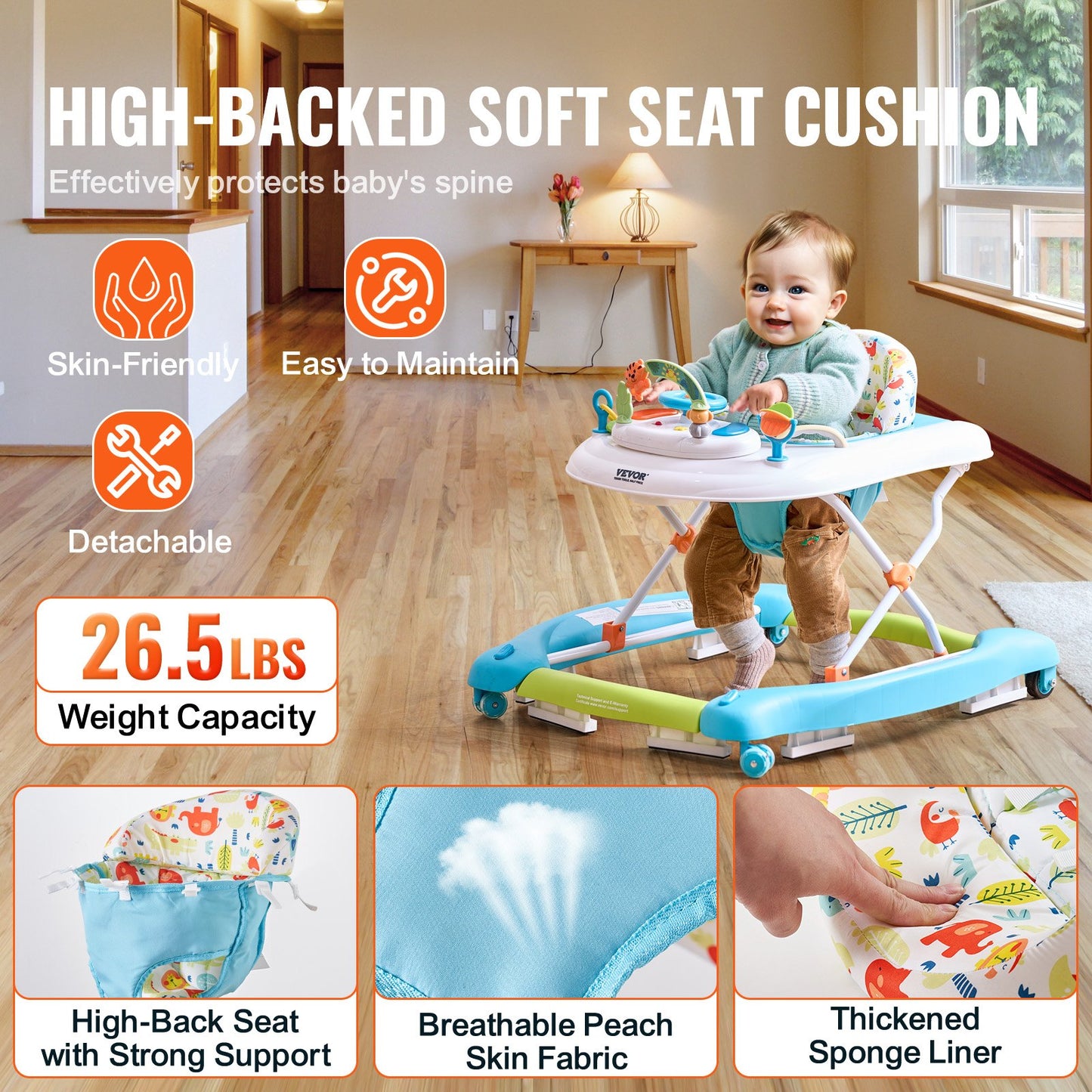 4-in-1 Baby Walker, Foldable Baby Activity Center on Wheels, 3 Adjustable Height, Music & Toys Tray, Learning-Seated | Walk-Behind | Rocker | Bouncer Toddler Walker for Girls Boys 6-24 Months
