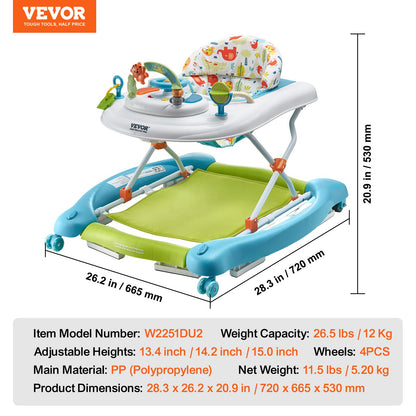 4-in-1 Baby Walker, Foldable Baby Activity Center on Wheels, 3 Adjustable Height, Music & Toys Tray, Learning-Seated | Walk-Behind | Rocker | Bouncer Toddler Walker for Girls Boys 6-24 Months