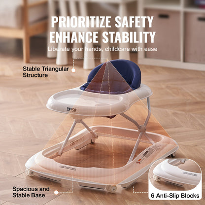 Baby Walker, Foldable Baby Walkers with 3-Level Adjustable Height, Rolling Toddler Walker and Activity Center with Wheels & Feeding Tray, Anti-Rollover Activity Helper for Boy Girl 6-12 Months