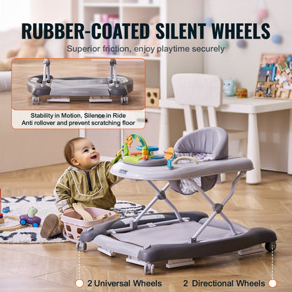 4-in-1 Baby Walker, Foldable Baby Activity Center on Wheels, 3 Adjustable Height, Music & Toys Tray, Learning-Seated | Walk-Behind | Rocker | Bouncer Toddler Walker for Girls Boys 6-24 Months