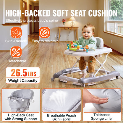 4-in-1 Baby Walker, Foldable Baby Activity Center on Wheels, 3 Adjustable Height, Music & Toys Tray, Learning-Seated | Walk-Behind | Rocker | Bouncer Toddler Walker for Girls Boys 6-24 Months