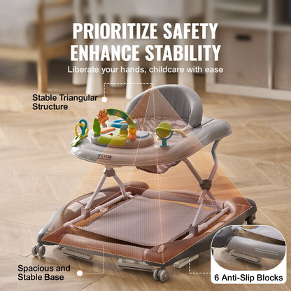 4-in-1 Baby Walker, Foldable Baby Activity Center on Wheels, 3 Adjustable Height, Music & Toys Tray, Learning-Seated | Walk-Behind | Rocker | Bouncer Toddler Walker for Girls Boys 6-24 Months
