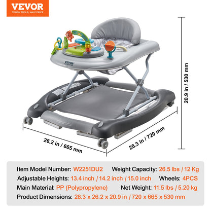4-in-1 Baby Walker, Foldable Baby Activity Center on Wheels, 3 Adjustable Height, Music & Toys Tray, Learning-Seated | Walk-Behind | Rocker | Bouncer Toddler Walker for Girls Boys 6-24 Months