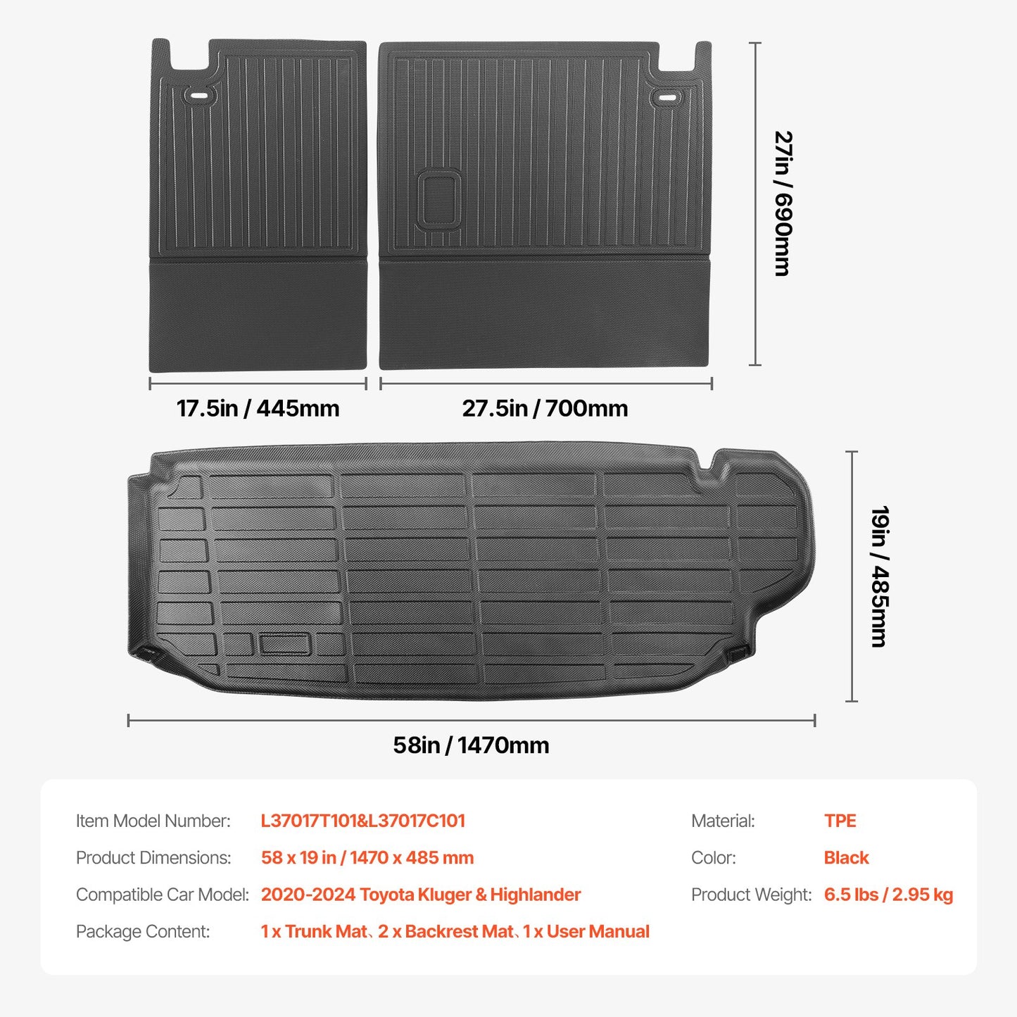 Cargo Mats Compatible with Toyota Kluger & Highlander 2020-2024, Custom Fit TPE Cargo Liner Set for SUVs, Trunk and Rear Back Seat Protector Replacement, Trunk Mat and Backrest Mats